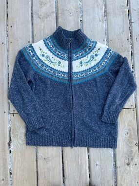 Vintage Penmans Navy Zip-Front Fair Isle Style Cardigan Sweater Medium